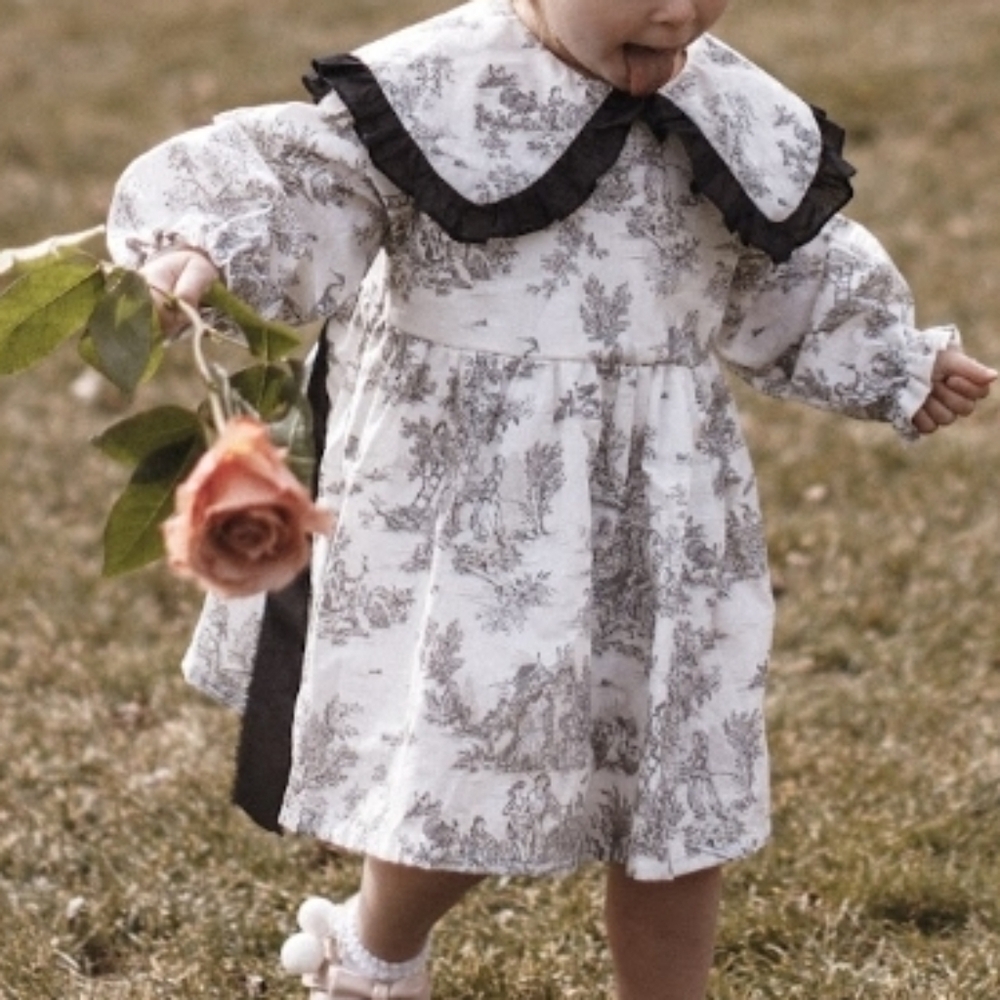 European White and Black Toile Ruffle Collar Dress | 3T